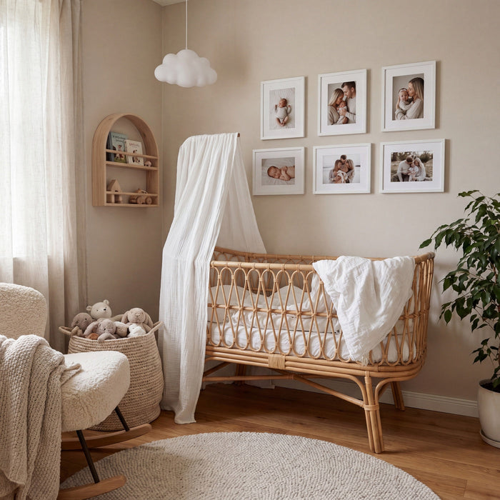 Nursery Twin Rows gallery wall — two rows of small photo tiles above a cot