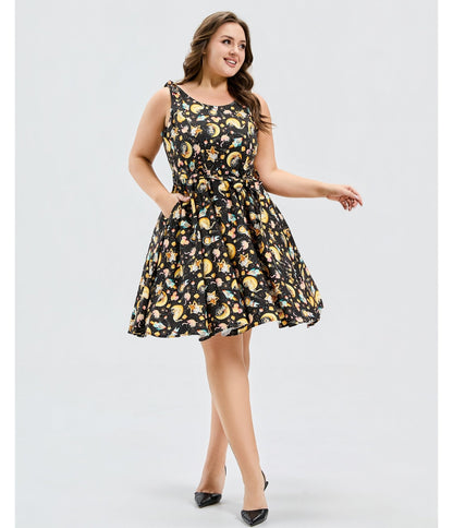 Plus Size Black Meowgical Galaxy Swing Dress