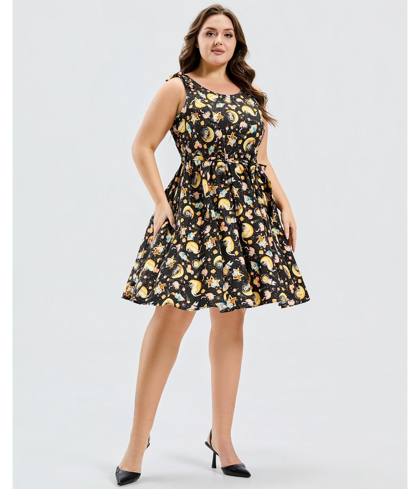 Plus Size Black Meowgical Galaxy Swing Dress