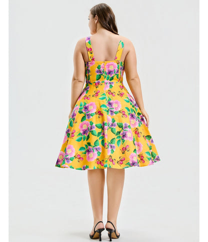 Plus Size Yellow Hibiscus Floral Print Heidi Dress