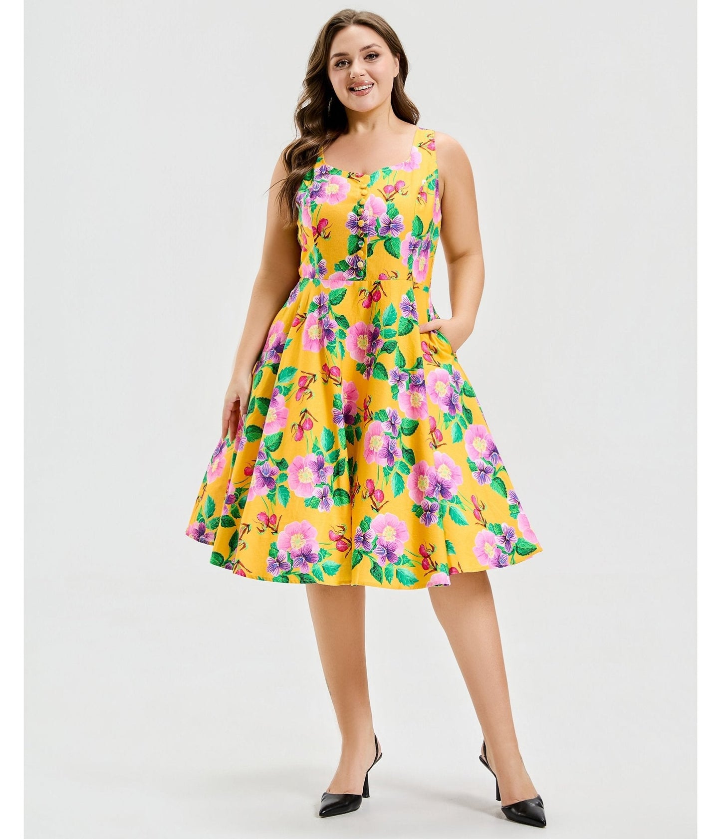 Plus Size Yellow Hibiscus Floral Print Heidi Dress