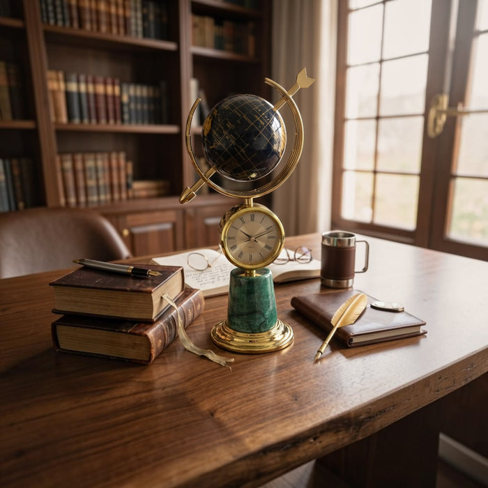 Elegant globe clock with gold frame and green marble base on wooden desk, surrounded by books and writing tools