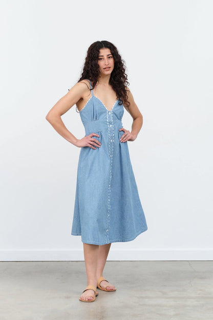 Carleen Apparel Womens Dresses Rickrack Jo Dress Chambray / XSmall