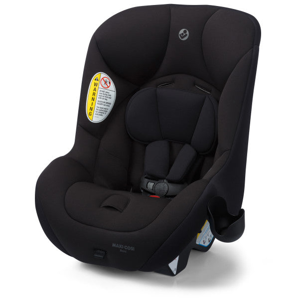 Black car seat with safety label on a white background