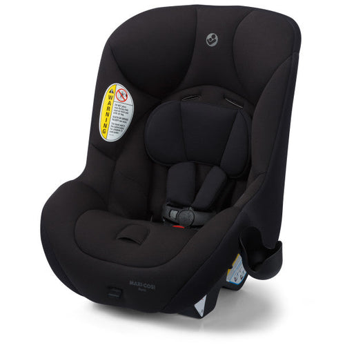 Black car seat with safety label on a white background