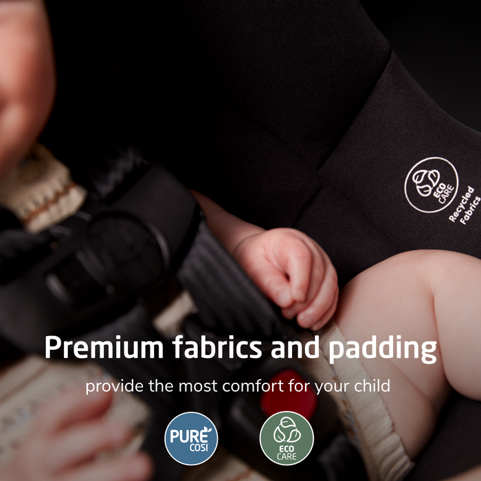 Baby in a car seat with text about premium fabrics and padding, and Pure Cosi and Eco Care logos.