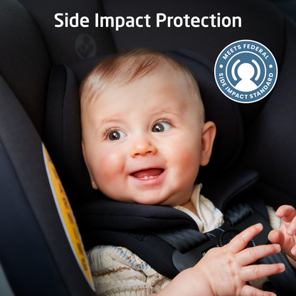 Baby in a car seat with side impact protection label