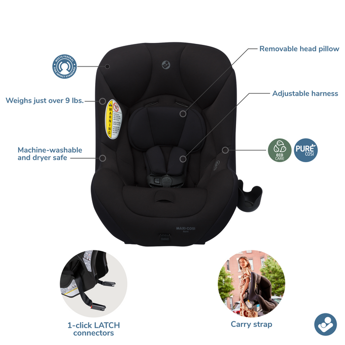 Black car seat with features highlighted on a white background