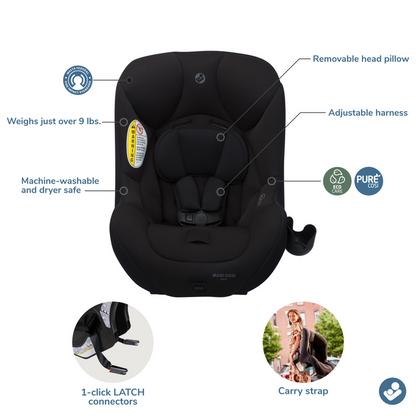 Black car seat with features highlighted on a white background