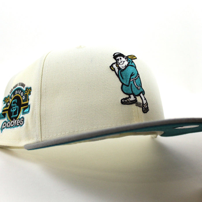 San Diego Padres STADIUM New Era 59Fifty Fitted Hat (Glow in the Dark Chrome White Misty Morning Aqua Under Brim)