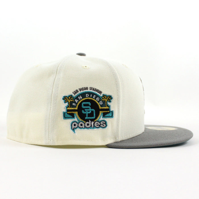 San Diego Padres STADIUM New Era 59Fifty Fitted Hat (Glow in the Dark Chrome White Misty Morning Aqua Under Brim)
