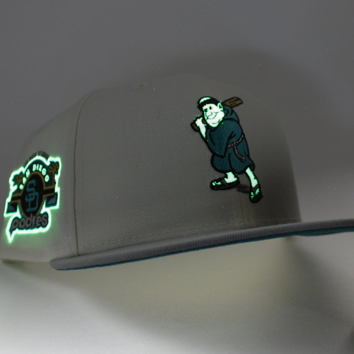 San Diego Padres STADIUM New Era 59Fifty Fitted Hat (Glow in the Dark Chrome White Misty Morning Aqua Under Brim)
