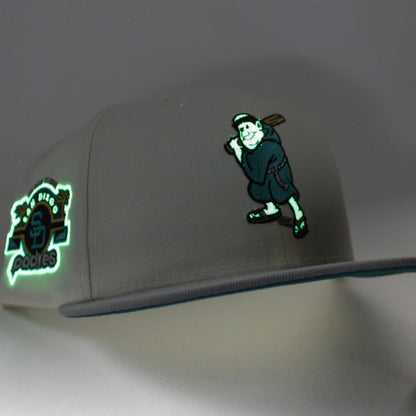 San Diego Padres STADIUM New Era 59Fifty Fitted Hat (Glow in the Dark Chrome White Misty Morning Aqua Under Brim)