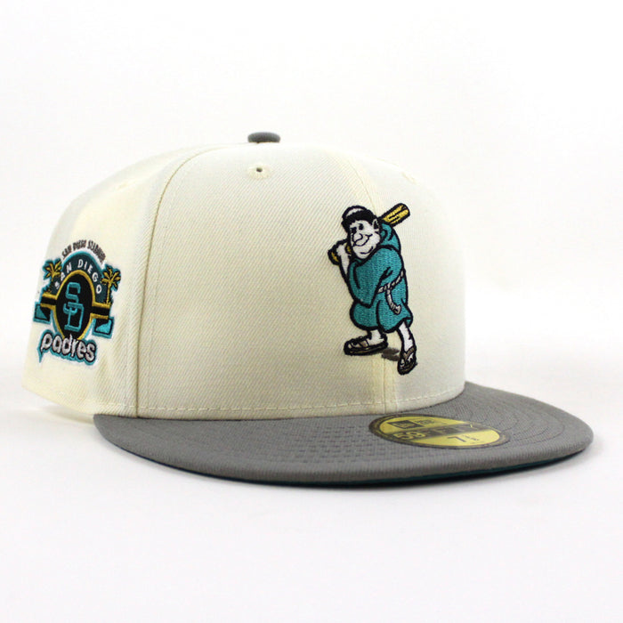 San Diego Padres STADIUM New Era 59Fifty Fitted Hat (Glow in the Dark Chrome White Misty Morning Aqua Under Brim)