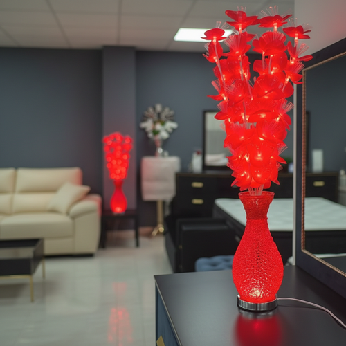 Red floral LED table lamp on dark console, modern living room decor with sofa and mirror