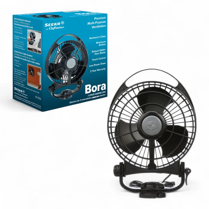 Black fan with Seeker Bora packaging on a white background