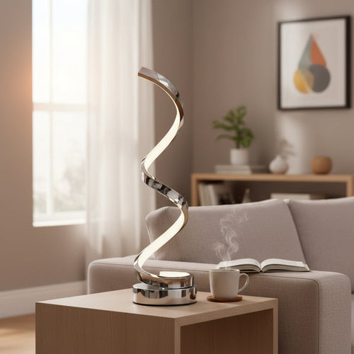 Modern spiral LED table lamp on wood side table in a cozy living room with sofa and coffee cup