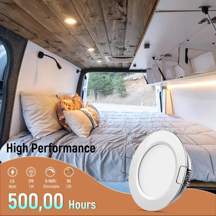 set of four silver LED downlights arranged together
