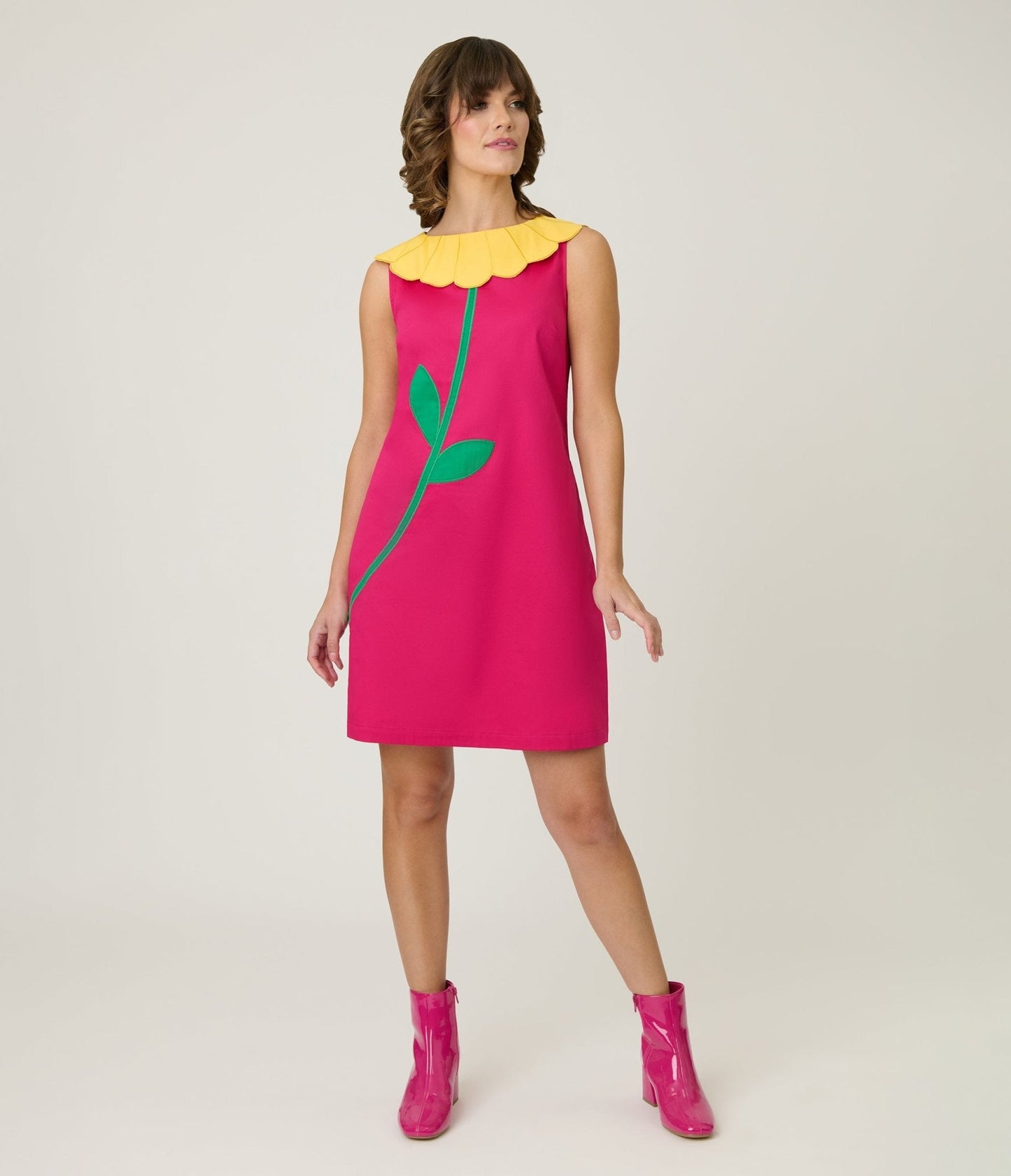 Smak Parlour Hot Pink & Yellow Petal Collar Cotton Shift Dress