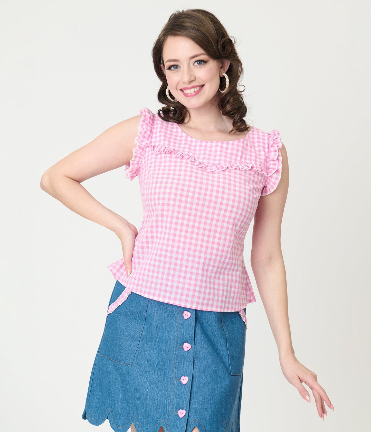 Smak Parlour Pink Gingham Ruffle Cotton Blouse