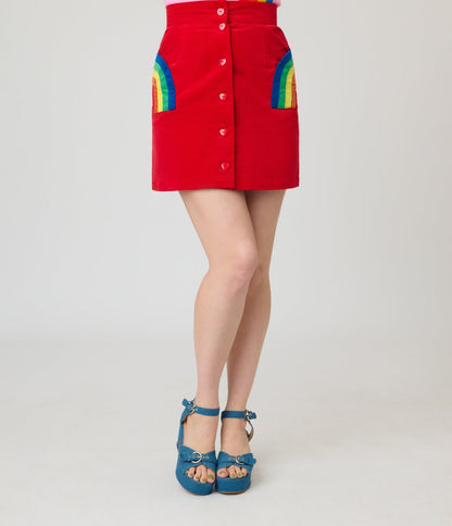 Smak Parlour Red Corduroy & Rainbow Pockets Mini Skirt