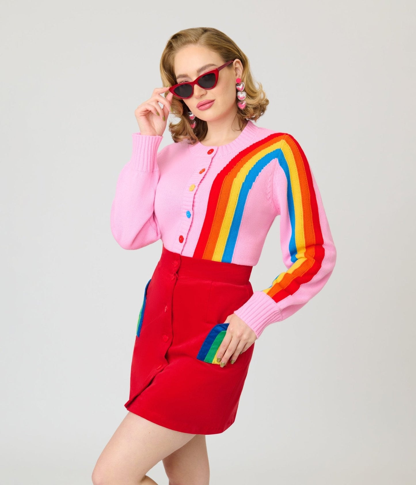 Smak Parlour Red Corduroy & Rainbow Pockets Mini Skirt