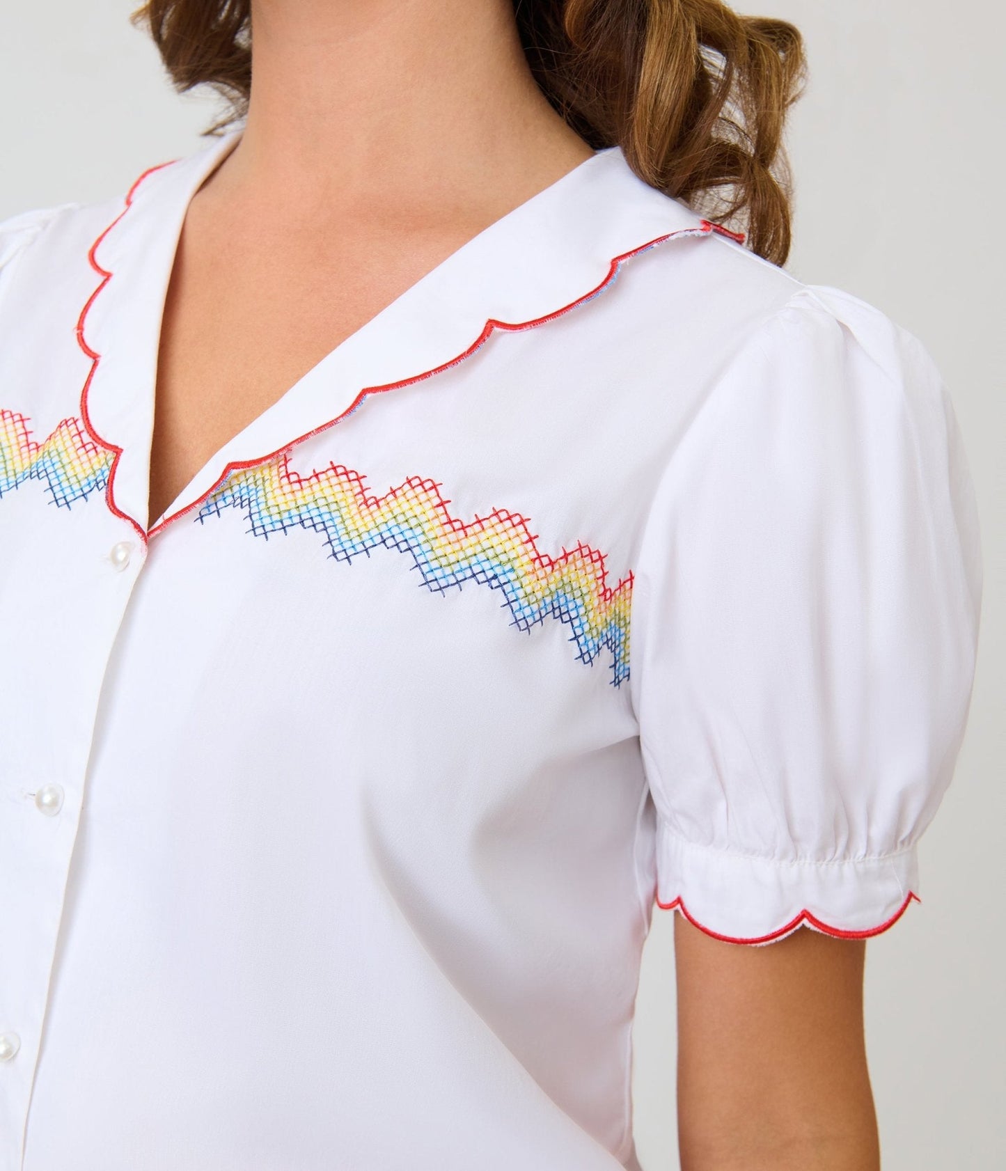 Smak Parlour White & Rainbow Embroidered Puff Sleeve Top
