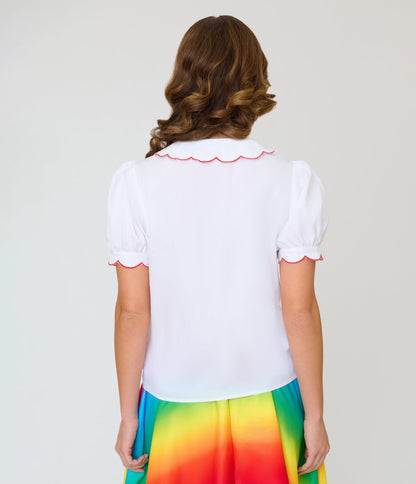 Smak Parlour White & Rainbow Embroidered Puff Sleeve Top