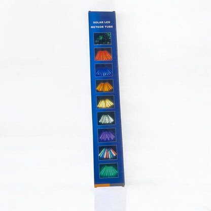 Box packaging for solar LED meteor tube lights with various color options displayed.