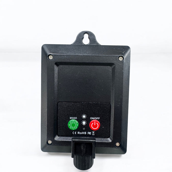 Black electronic control box with mode and on/off buttons, isolated on white background