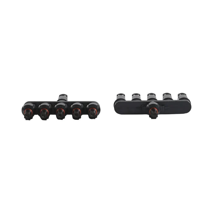 close-up of MC4 5-way Y branch solar connectors