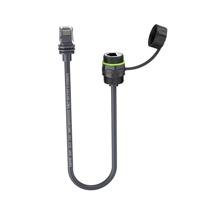 Starlink Gen 3 bulkhead RJ45 cable with waterproof coupling on bench
