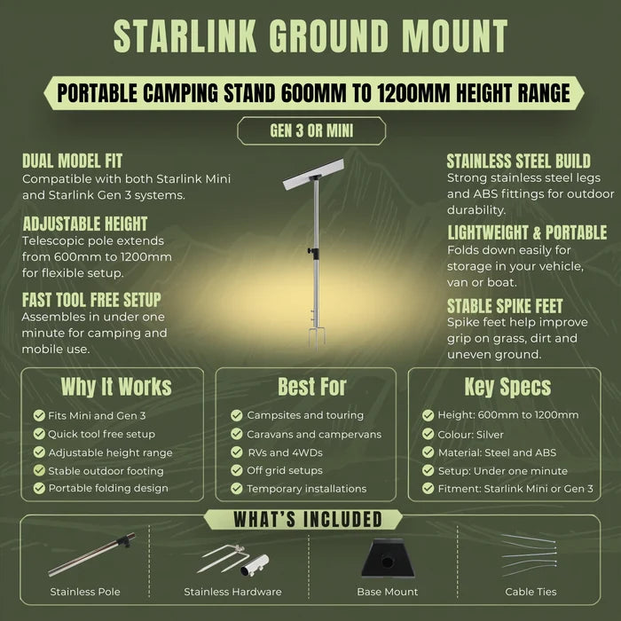 Starlink ground mount camping stand for stable portable satellite internet setups