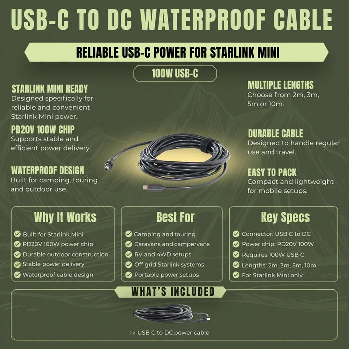 USB C to DC power cable for Starlink Mini caravan and campervan installations