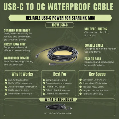 USB C to DC power cable for Starlink Mini caravan and campervan installations