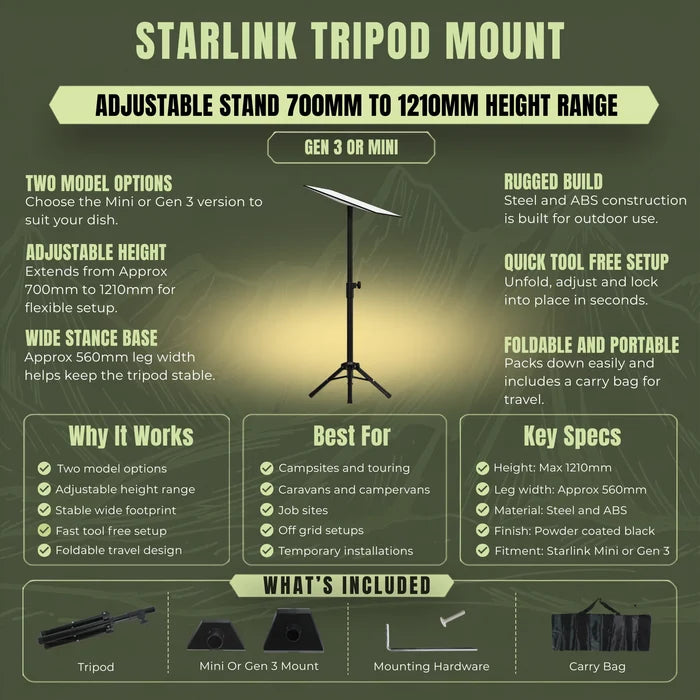 Portable tripod compatible with Starlink Mini and Gen 3 for stable outdoor installations