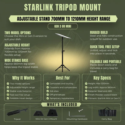 Portable tripod compatible with Starlink Mini and Gen 3 for stable outdoor installations