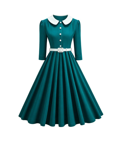 Teal & White Collared Three Quarter Sleeve Swing Dress