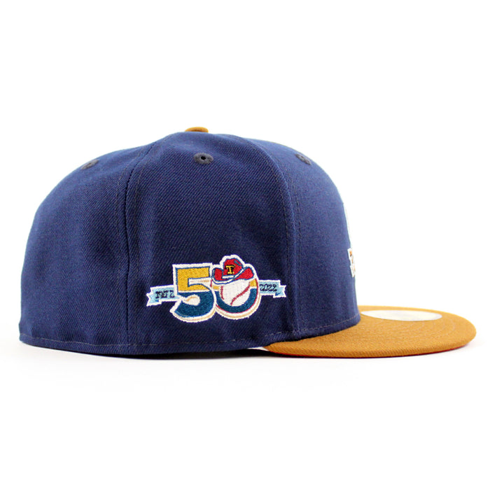 Texas Rangers 50TH ANNIVERSARY New Era 59Fifty Fitted Hat (Glow in the Dark Oceanside Peanut Pino Red Under Brim)