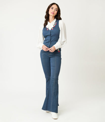Unique Vintage 1940s Denim Embroidered Button Up Vest