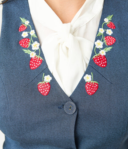 Unique Vintage 1940s Denim Embroidered Button Up Vest