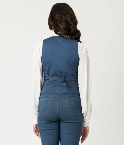 Unique Vintage 1940s Denim Embroidered Button Up Vest