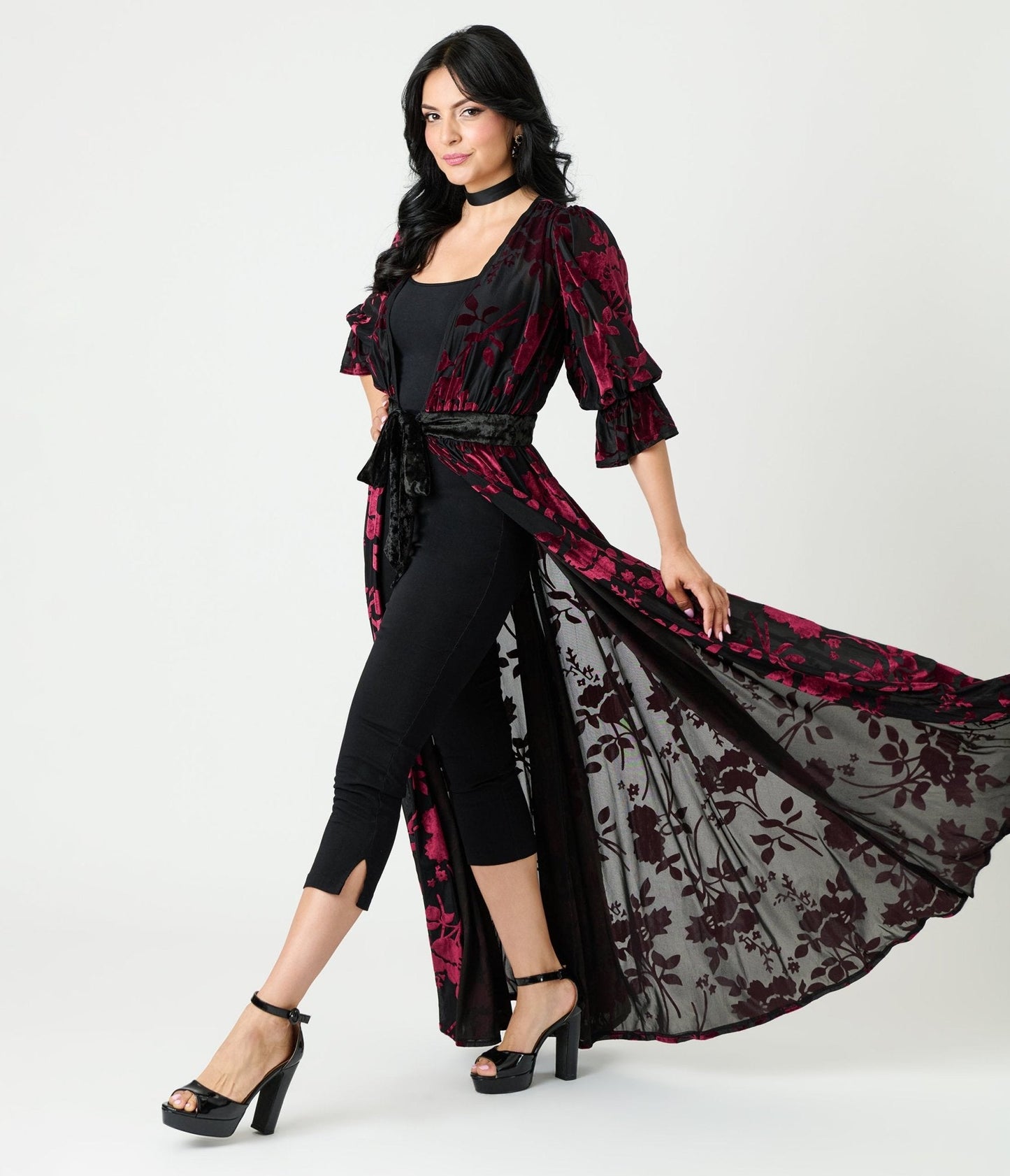 Unique Vintage Black & Berry Floral Velvet Burnout Duster