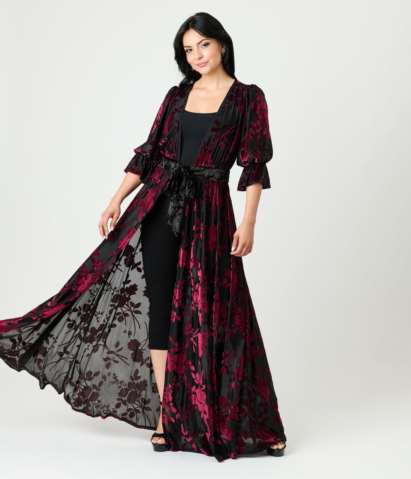Unique Vintage Black & Berry Floral Velvet Burnout Duster