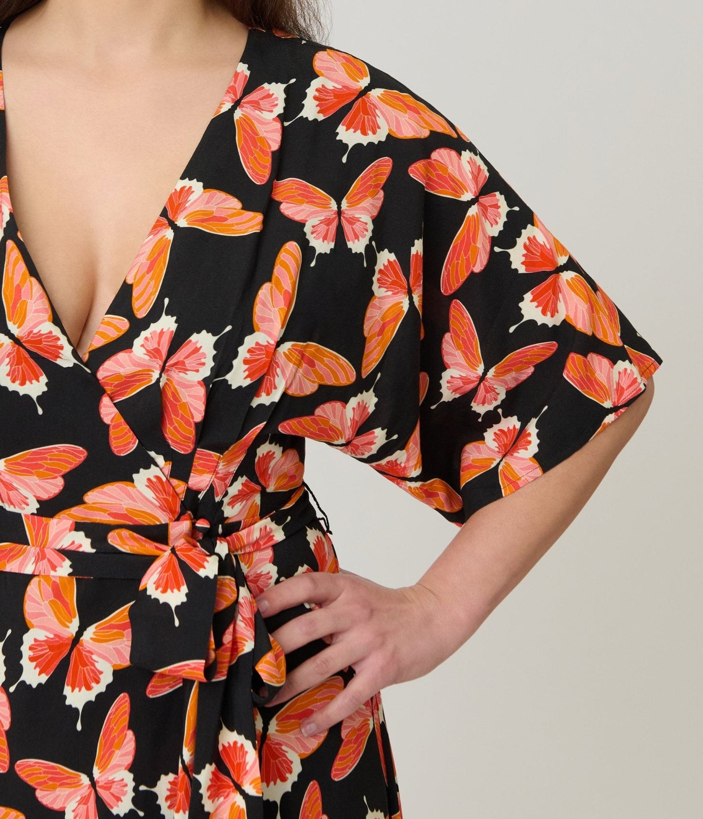 Unique Vintage Black Butterfly Print Wrap Midi Dress