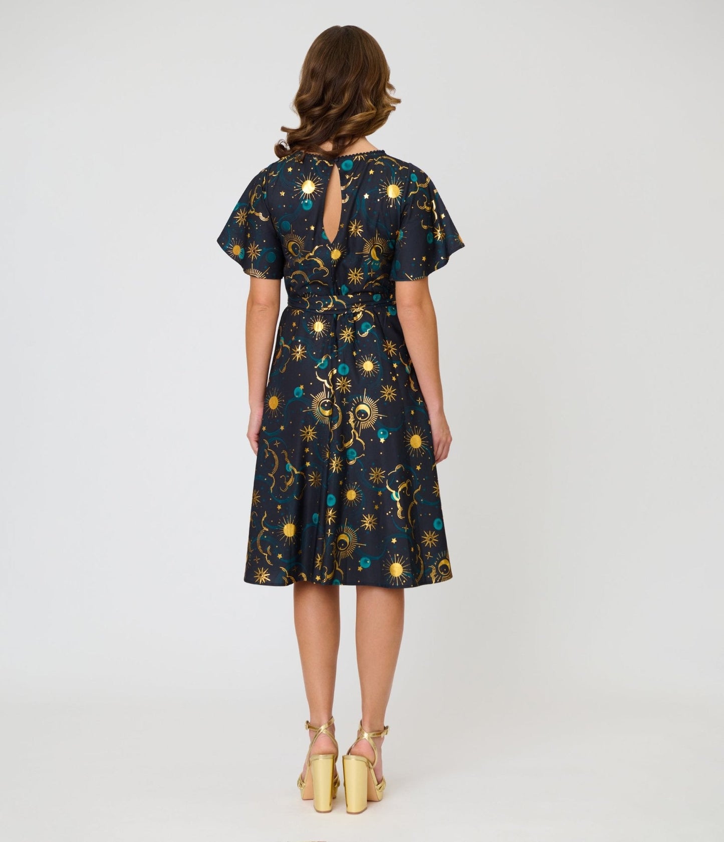 Unique Vintage Black Celestial Print Swing Dress