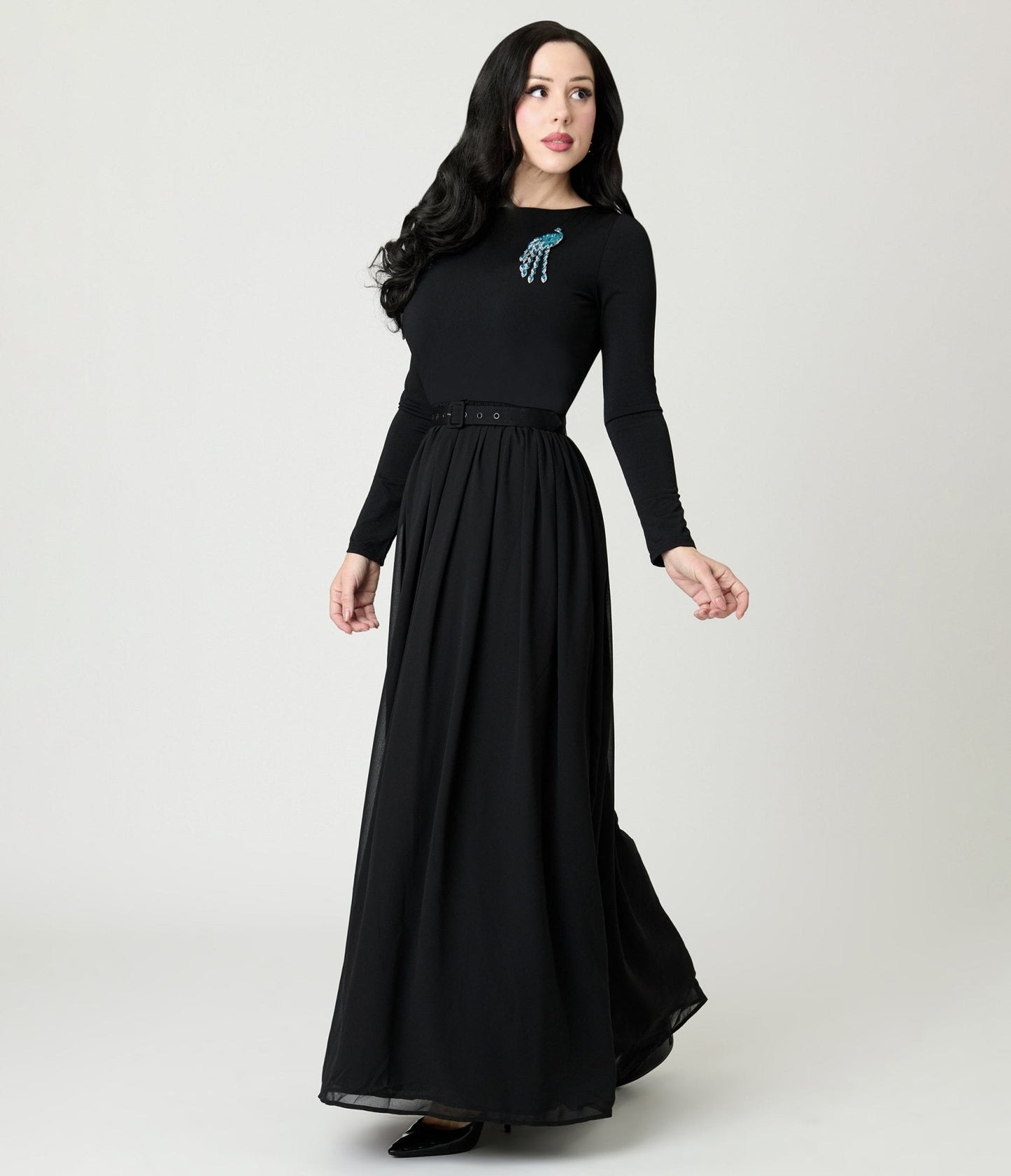 Unique Vintage Black & Peacock Brooch Maxi Dress