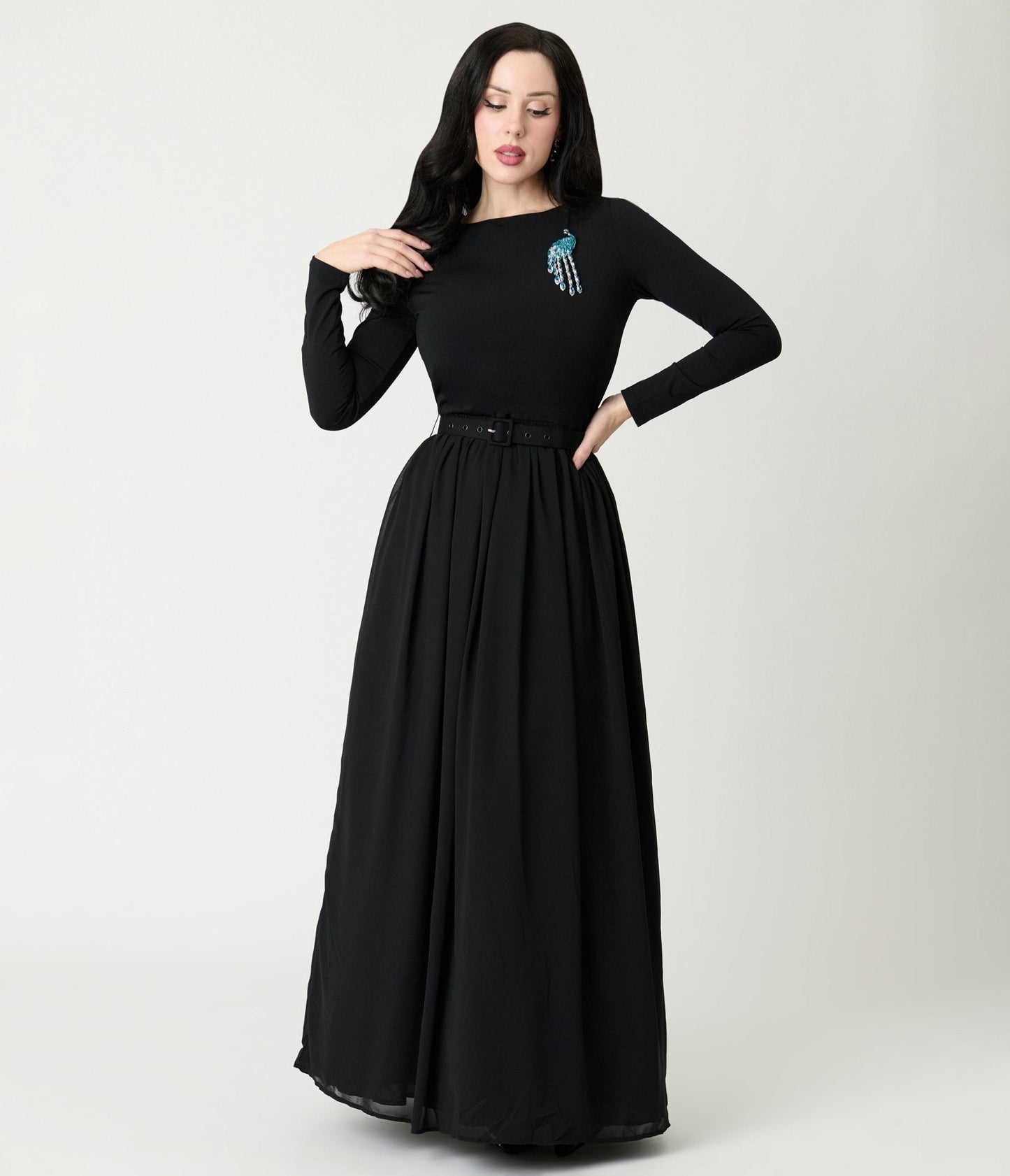 Unique Vintage Black & Peacock Brooch Maxi Dress