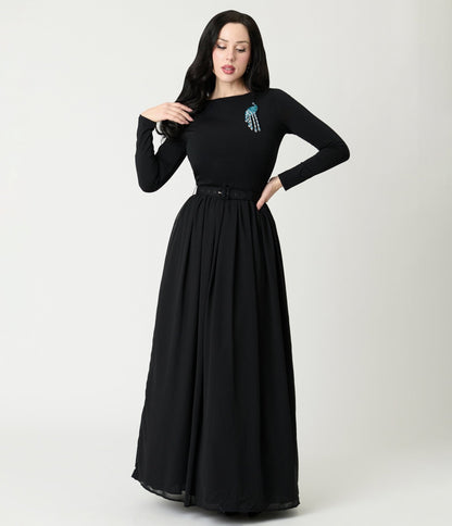 Unique Vintage Black & Peacock Brooch Maxi Dress