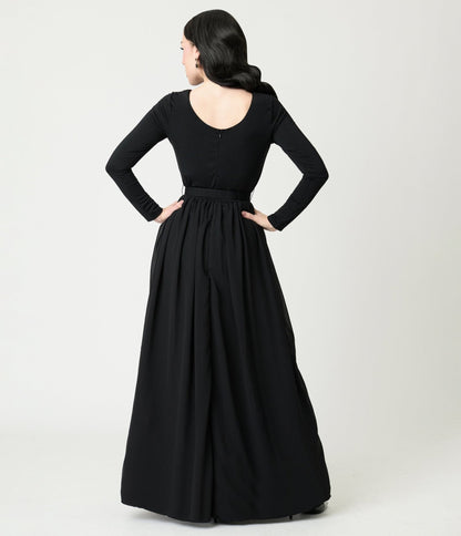 Unique Vintage Black & Peacock Brooch Maxi Dress